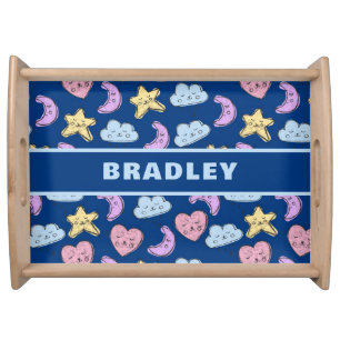 Cute Kids Heart Star Moon Blue Baby Serving Tray