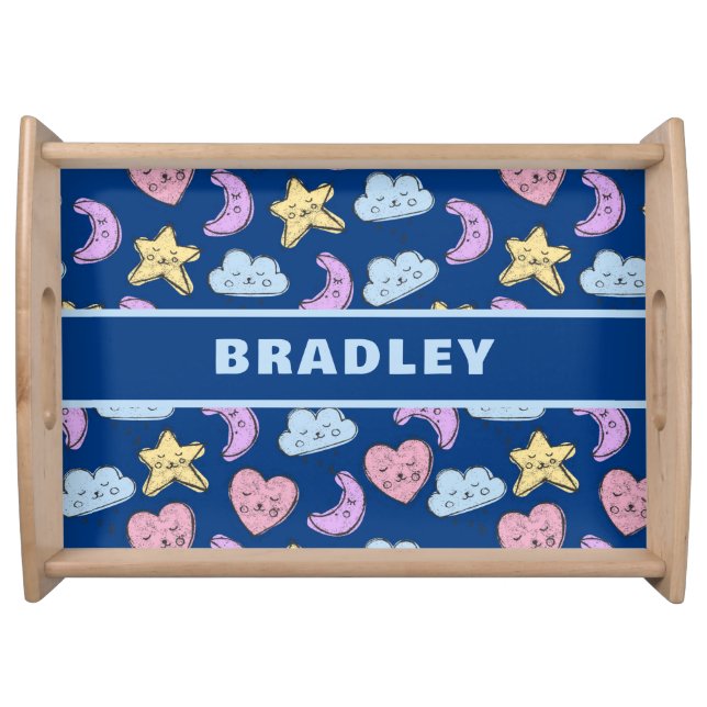 Cute Kids Heart Star Moon Blue Baby  Serving Tray (Front)