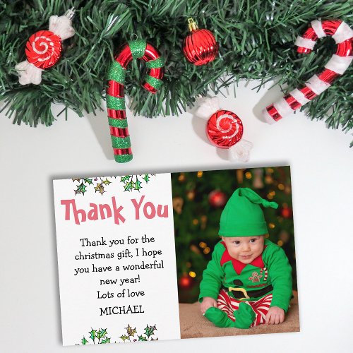 Cute Kids Holly Leaves Photo Christmas Thank You Card