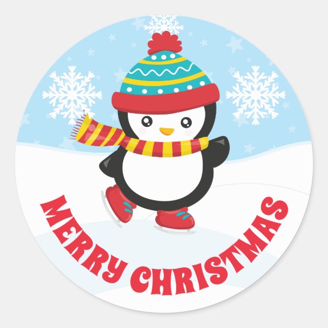 Cute Kids Ice Skating Penguin Merry Christmas Classic Round Sticker (Front)
