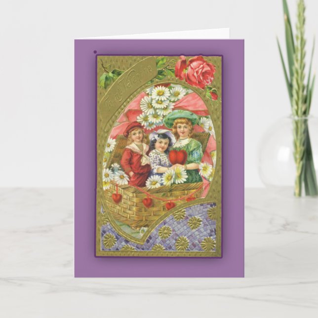 Cute Kids in a Basket Victorian Valentine Holiday Card (Front)