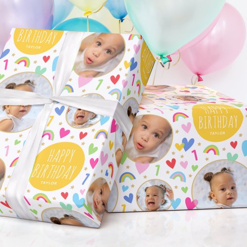 Cute Kids Ist Birthday Rainbow Photo Hearts Yellow Wrapping Paper