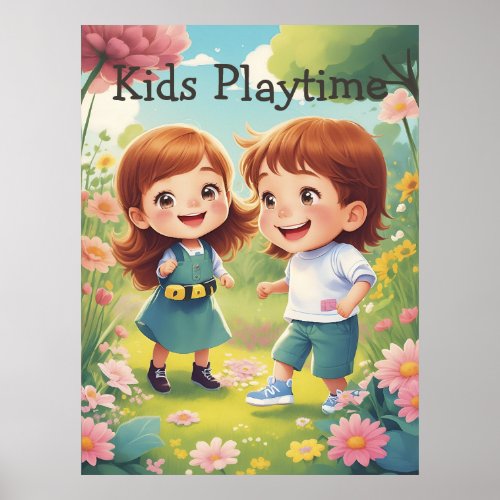 Cute Kids Joyful World of Flowers AI Generative  Poster