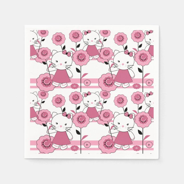 Cute kids kitten cat pink white print napkins (Front)