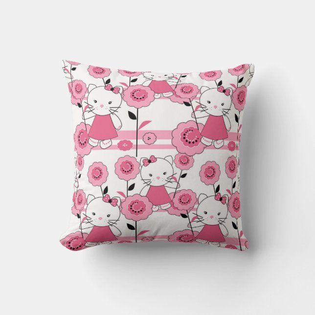 Cute kids kitten cat pink white print throw pillow (Front)