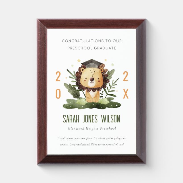 Cute Kids Lion Foliage Custom Preschool Graduation Award Plaque (Vertical)