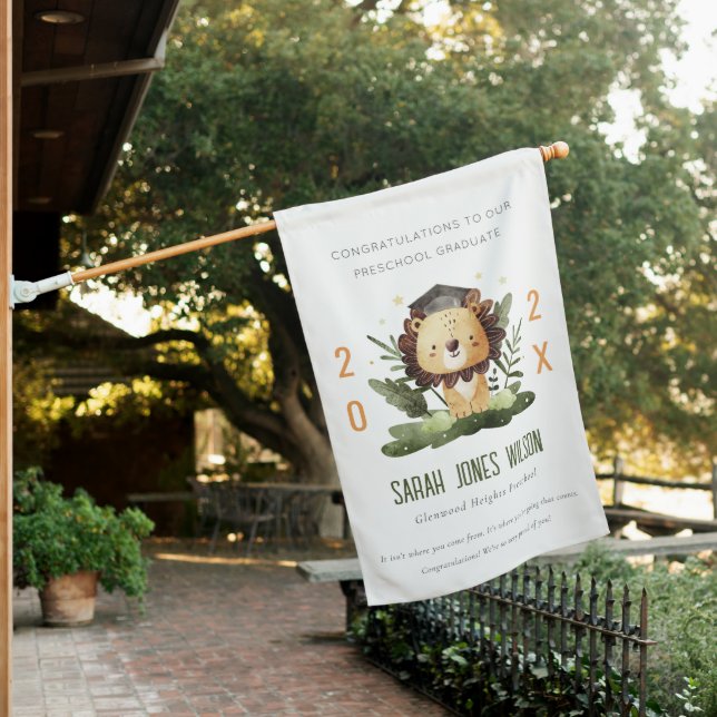 Cute Kids Lion Foliage Custom Preschool Graduation House Flag (In SItu)