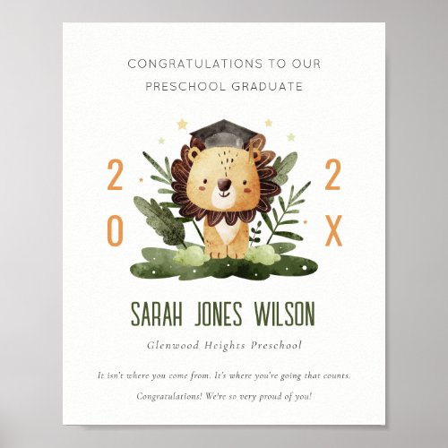 Cute Kids Lion Foliage Custom Preschool Graduation Poster