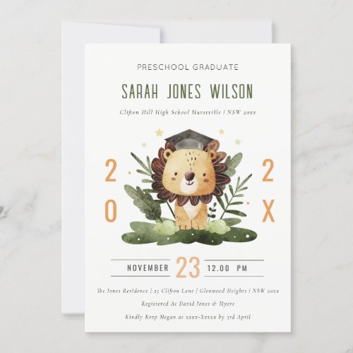 Cute Kids Lion Foliage Preschool Graduation Party Invitation