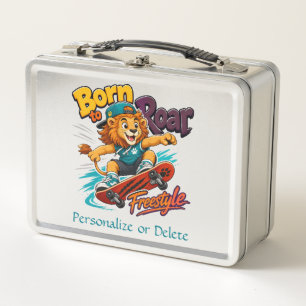 Cute Kids Lion on Skateboard Trendy Personalized Metal Lunch Box