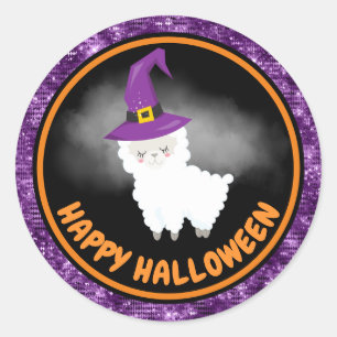 Cute Kids Llama & Purple Glitter Happy Halloween Classic Round Sticker