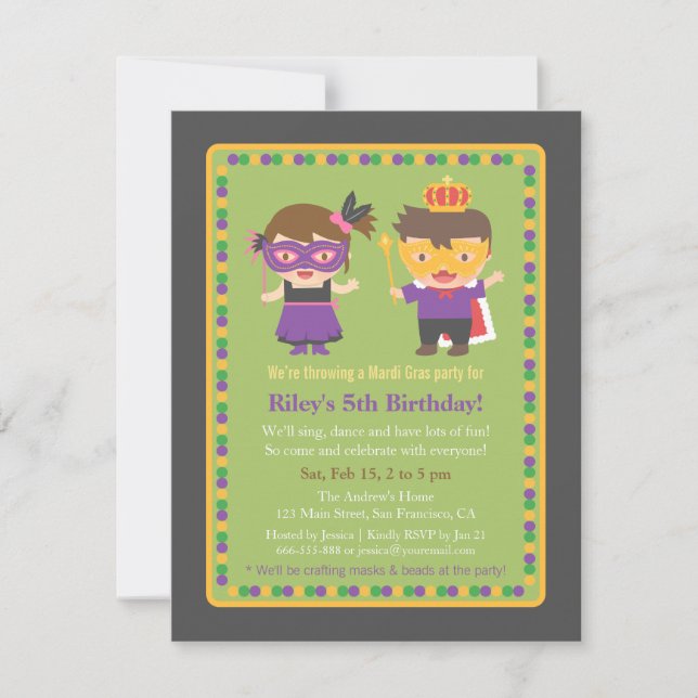 Cute Kids Mardi Gras Birthday Party Invitations (Front)