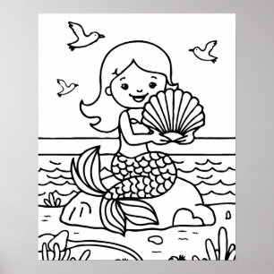 Cute Kids Mermaid Coloring Poster