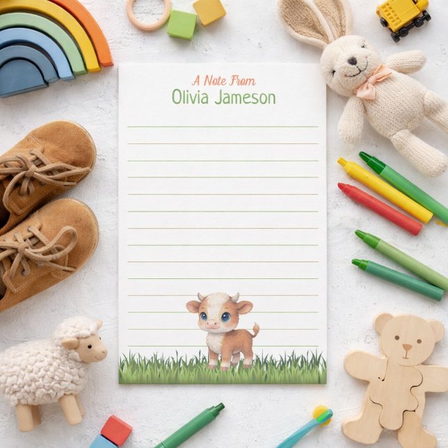 Cute Kid's Name Hereford Cow Lined Stationery (Creator Uploaded)