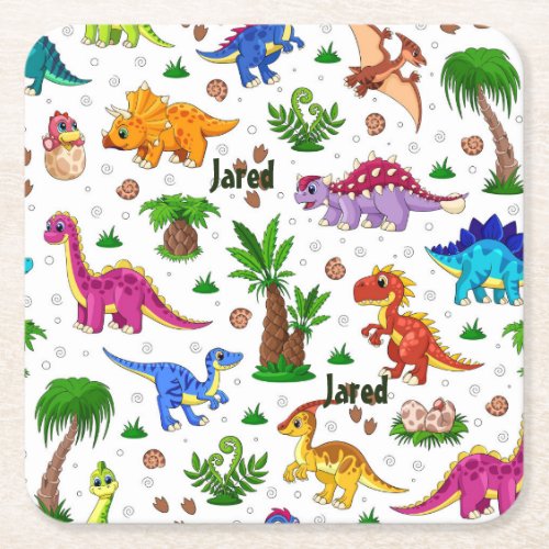 Cute Kids Name Seamless Pattern Dinosaur Square Paper Coaster