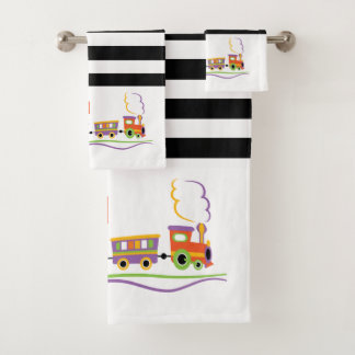 Cute Kids Name Train Black And White Stripe Bath Towel Set