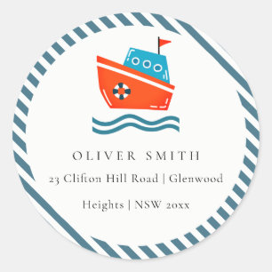 Cute Kids Nautical Boat Ocean Waves Address Classic Round Sticker