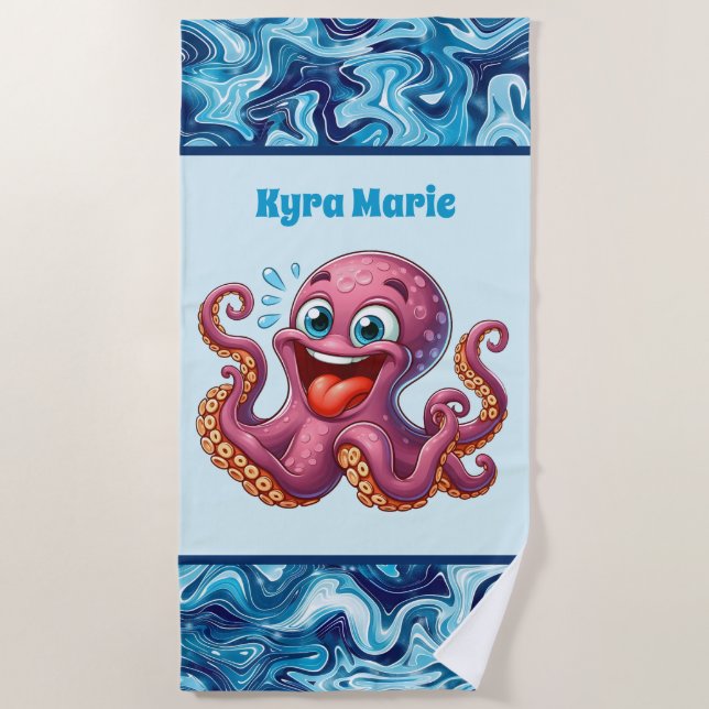 Cute kids octopus add name  beach towel (Front)