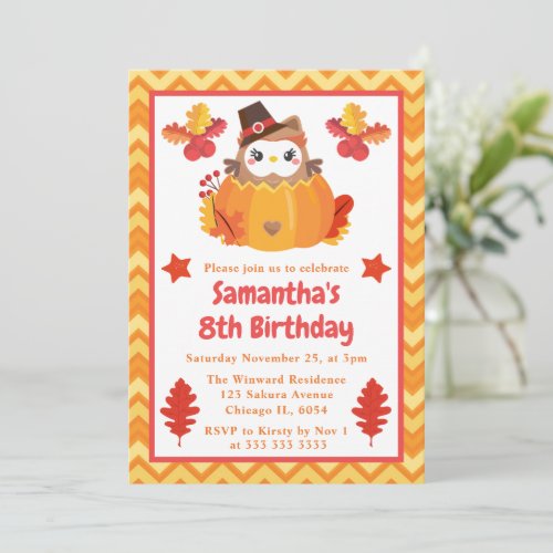 Cute Kids Owl and Pumpkin Fall Birthday Party Invitation