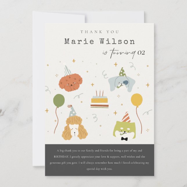 Cute Kids Party Puppy Dogs Any Age Birthday Thank You Card (Front)