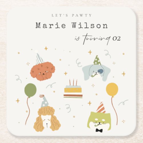 Cute Kids Pawty Puppy Dogs Any Age Birthday Square Paper Coaster