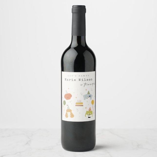 Cute Kids Pawty Puppy Dogs Any Age Birthday Wine Label (Front)