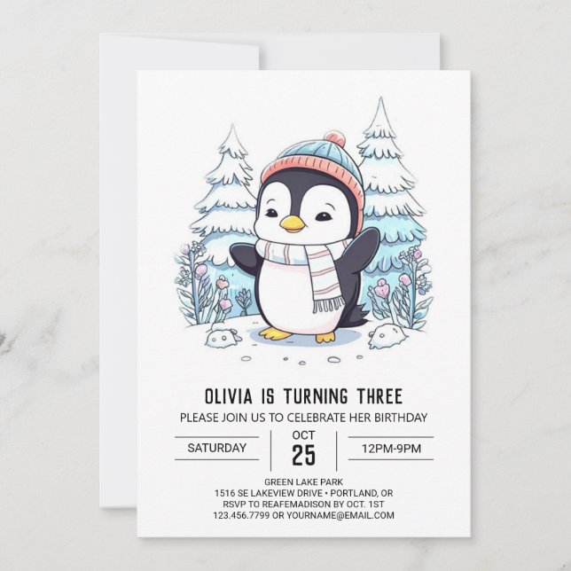 Cute Kids Penguin Digital Birthday Invitation (Front)