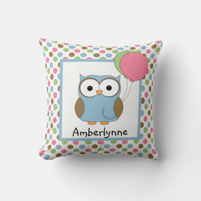 Cute Kid's Personalized Owl w/ Balloons Throw Pillow (Front)
