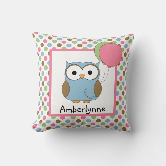 Cute Kid's Personalized Owl w/ Balloons Throw Pillow (Front)