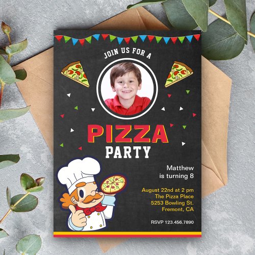 Cute Kids Photo Chalkboard Pizza Birthday Party Invitation