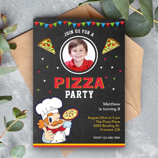 Cute Kids Photo Chalkboard Pizza Birthday Party Invitation (Creator Uploaded)