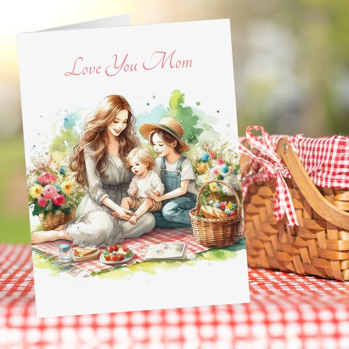 Cute Kids Picnic With Mom Mothers Day Watercolor Card