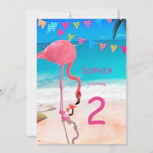 Cute Kids Pink Blue Flamingo Beach Birhtday Invitation