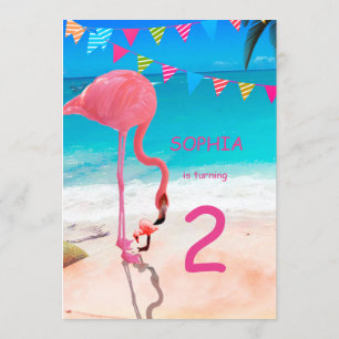 Cute Kids Pink Blue Flamingo Beach Birhtday Invitation