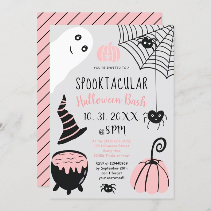 Cute kids pink Halloween illustrations party Invitation