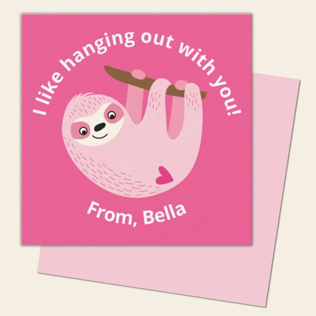 Cute Kids Pink Sloth Valentine Note Card (A cute pink sloth mini Valentine is so fun for a school classroom valentine exchange)