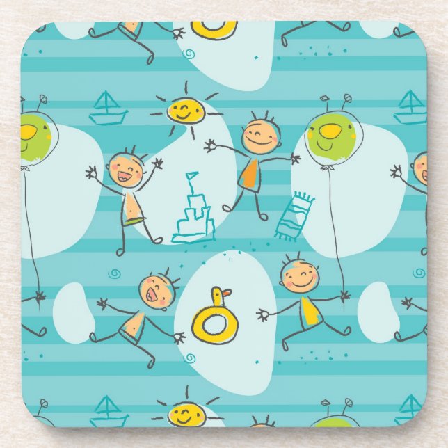 Cute kids playing on the beach pattern coaster (Front)