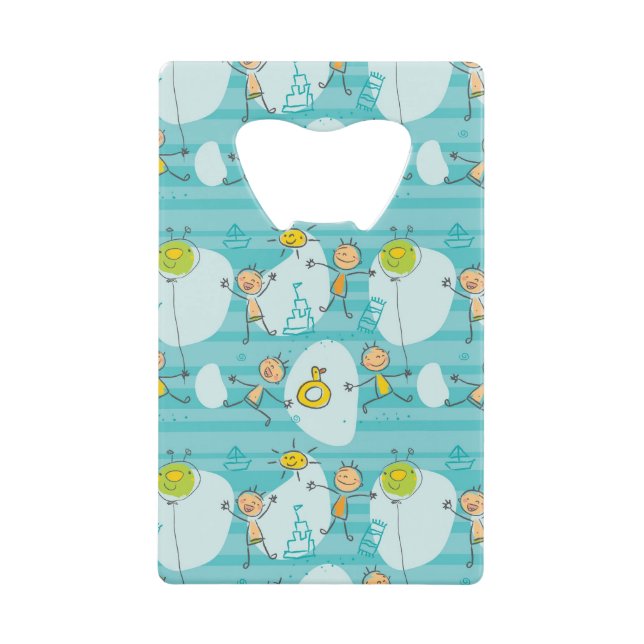 Cute kids playing on the beach pattern credit card bottle opener (Front)