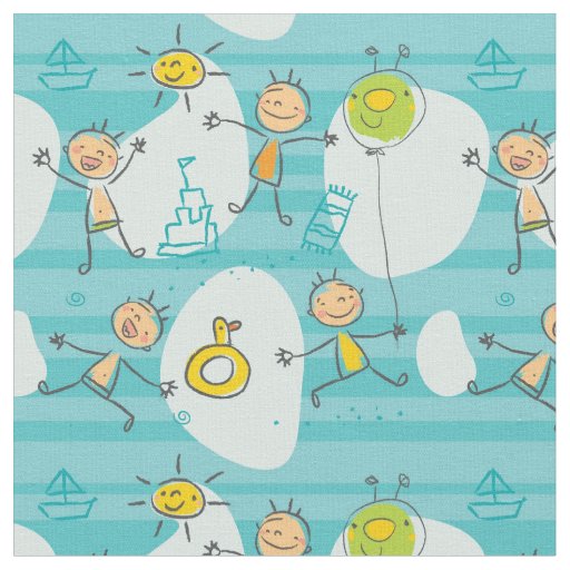Cute kids playing on the beach pattern fabric