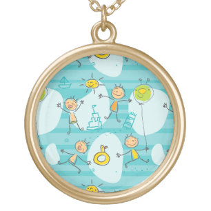Cute kids playing on the beach pattern gold plated necklace