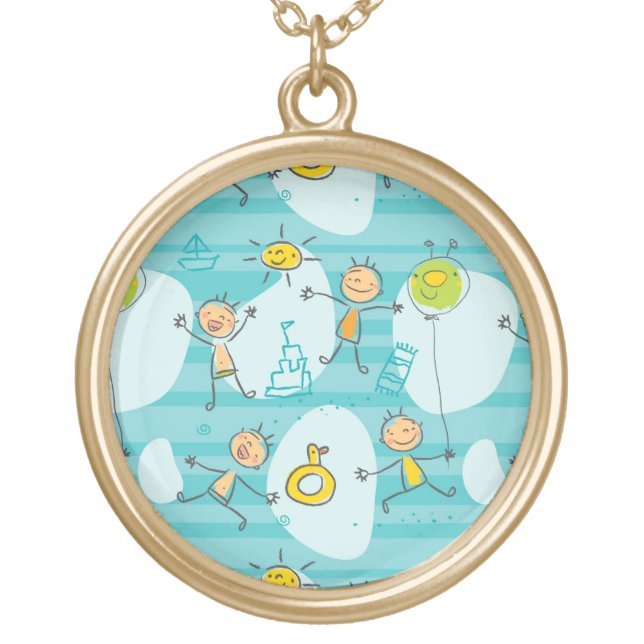 Cute kids playing on the beach pattern gold plated necklace (Front)