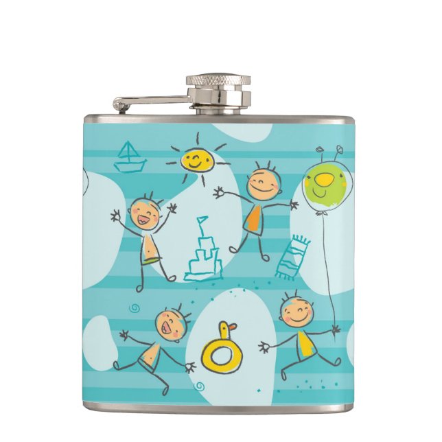 Cute kids playing on the beach pattern hip flask (Front)