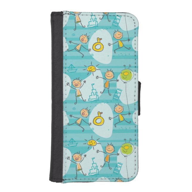 Cute kids playing on the beach pattern iPhone wallet case (Front)