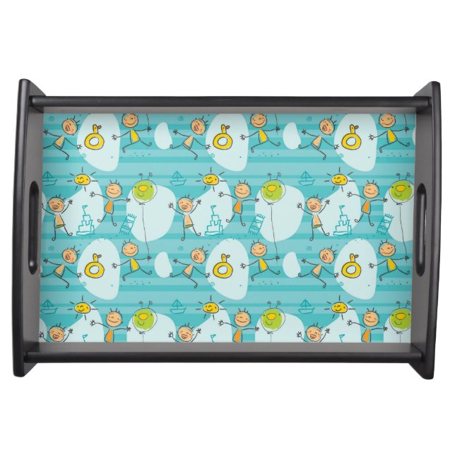 Cute kids playing on the beach pattern serving tray (Front)
