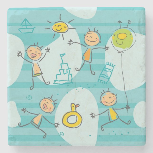 Cute kids playing on the beach pattern stone coaster (Front)