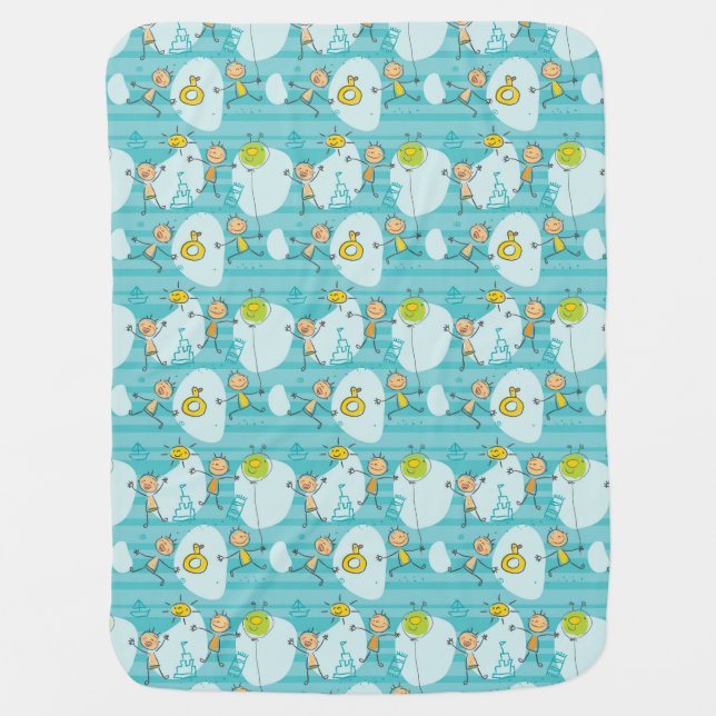 Cute kids playing on the beach pattern swaddle blanket (Front)