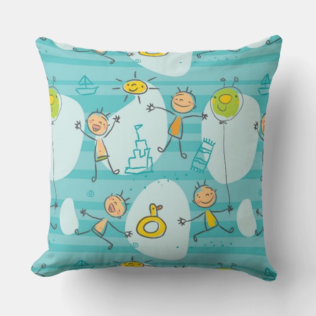 Cute kids playing on the beach pattern throw pillow (Front)