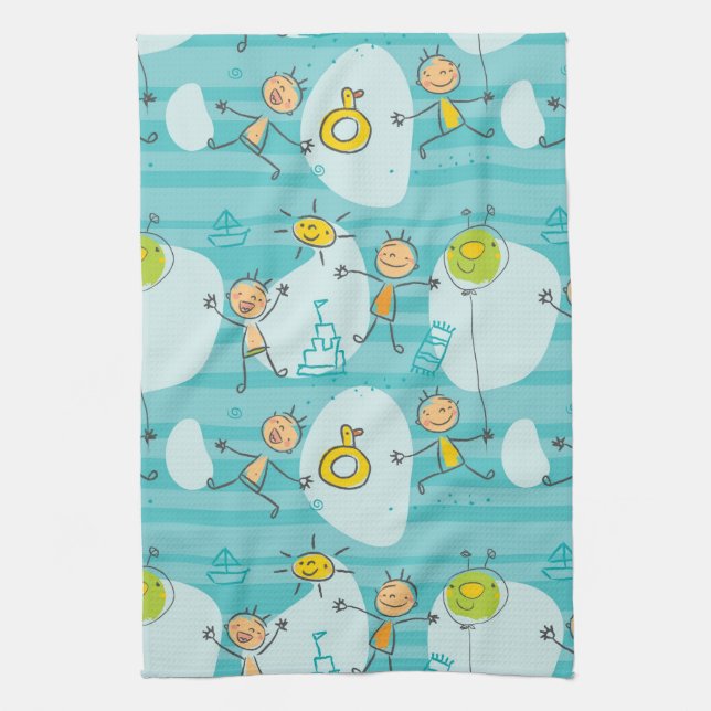 Cute kids playing on the beach pattern towel (Vertical)