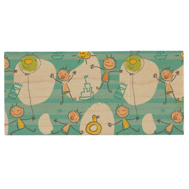 Cute kids playing on the beach pattern wood flash drive (Front)