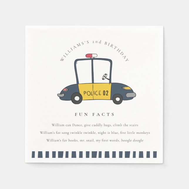 Cute Kids Police Car Any Age Birthday Fun Facts Napkins (Front)